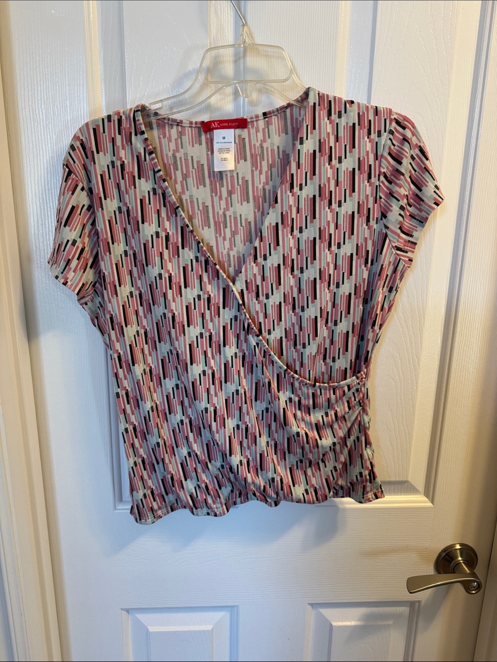 Anne Klein Pink and Cream Geometric Faux-Wrap Blouse